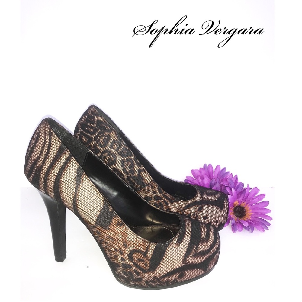 Sofia Vergara Leopard Mesh Platform Stilettos Heels Black Brown Size 7